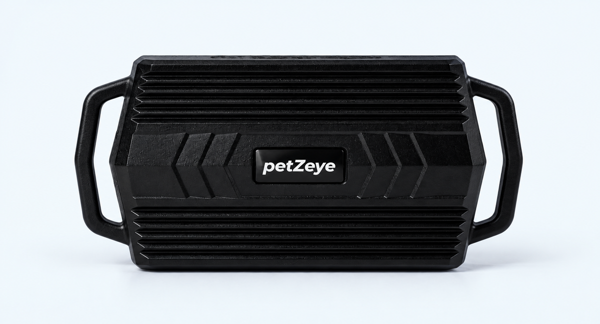 Black petZeye GPS 935 vehicle tracker with mounting loops on a light background