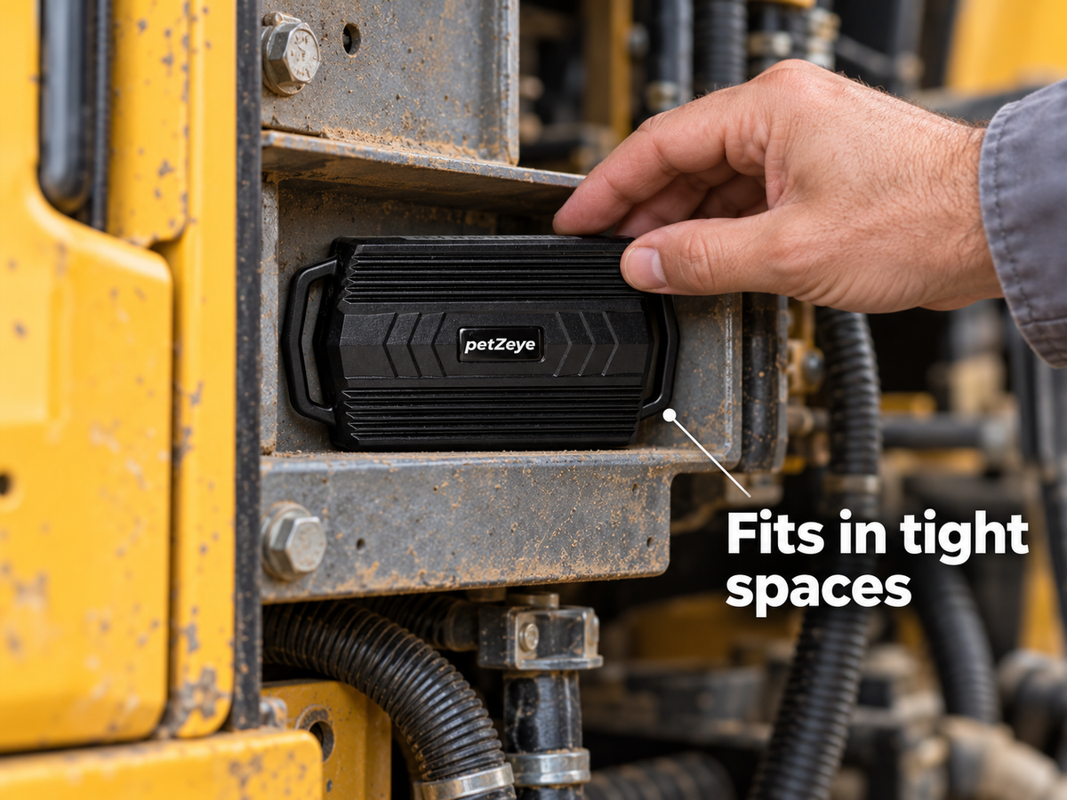 petZeye GPS 935 tracker positioned in a narrow compartment inside a machine