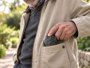 Older man placing a compact petZeye GPS 905 Mini tracker into his jacket pocket