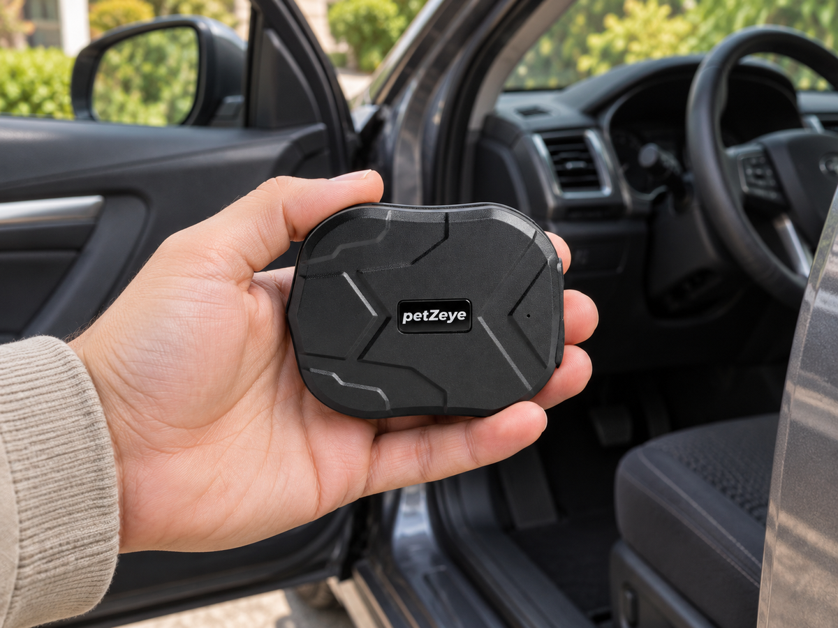 Hand holding a compact petZeye GPS 905 tracker beside a car door