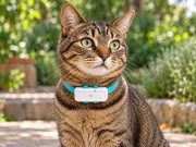 Cat outdoors wearing a petZeye GPS 911 tracker on its collar
