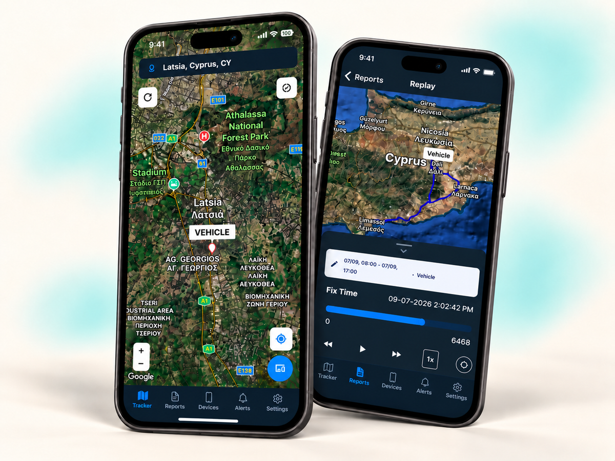 petZeye tracking app showing vehicle locations on a map