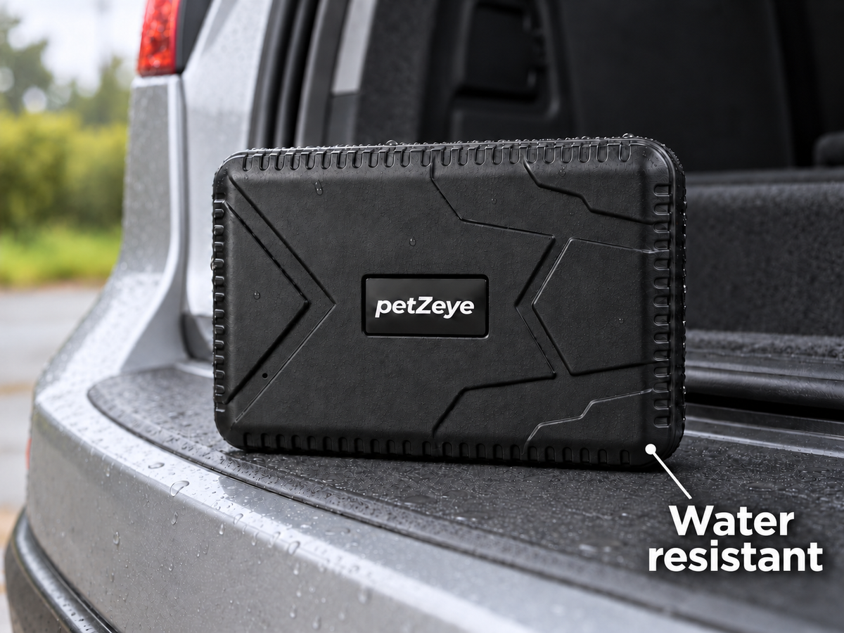 petZeye GPS 915 tracker with water droplets resting on a vehicle’s rear bumper