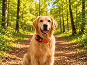 Dog wearing a petZeye GPS 919 tracker attached to an orange collar