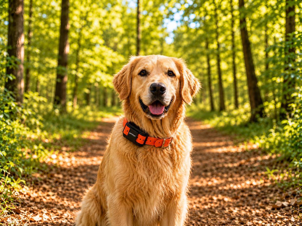 Dog wearing a petZeye GPS 919 tracker attached to an orange collar