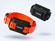 Two petZeye GPS 919 trackers shown at different angles, one attached to an orange collar
