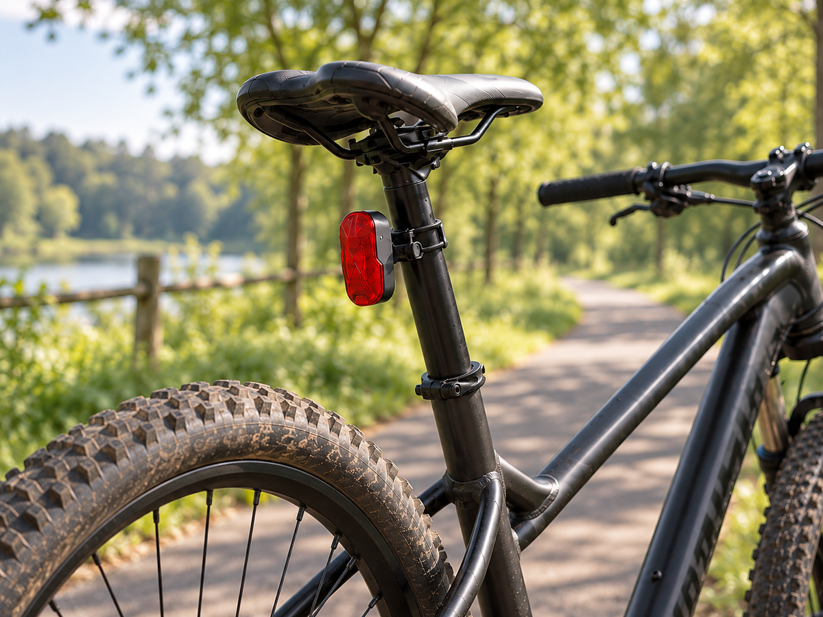 petZeye GPS 906 bicycle tracker mounted beneath the saddle on a bicycle seatpost