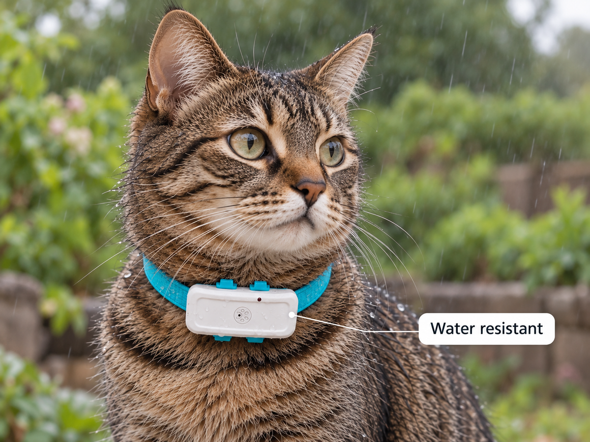 Cat wearing a petZeye GPS 911 tracker outdoors in rainy conditions